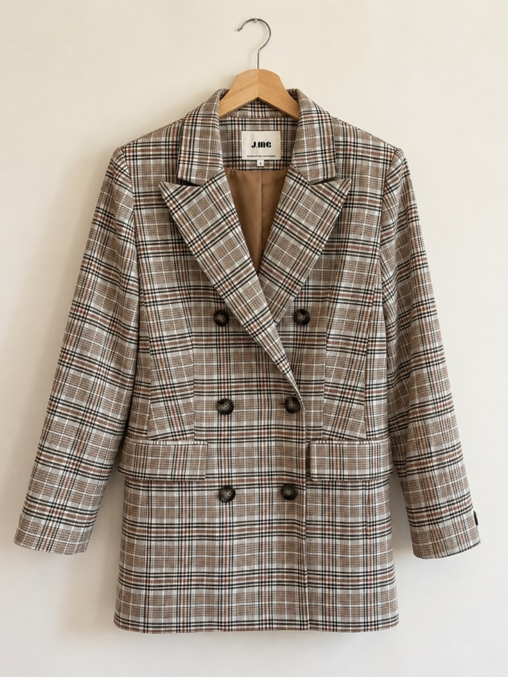 J.ING Brown Plaid Double-Breasted Blazer Jacket